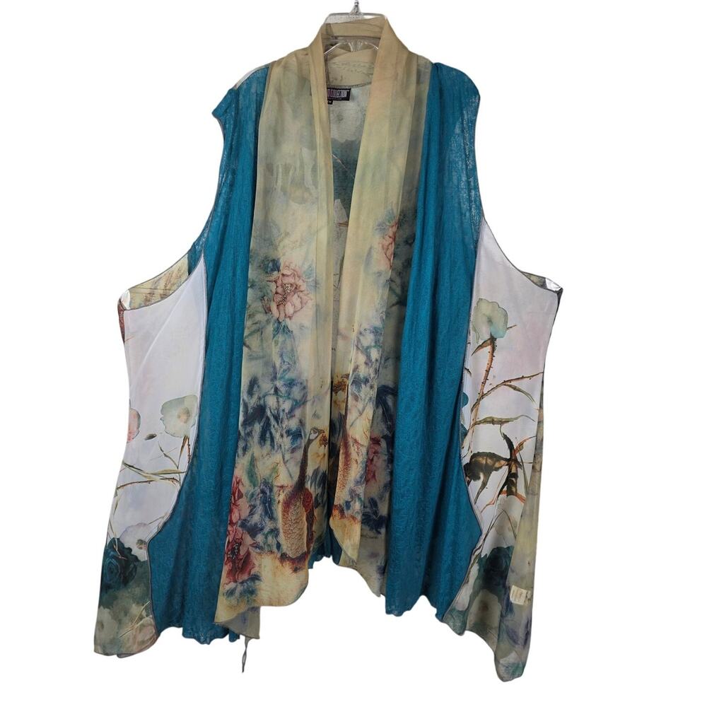 Pyramid Collection Floral Mesh Duster Vest 2X Open Front Draped Boho Lagenlook